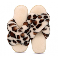 女款豹紋PV絨飛邊拖鞋